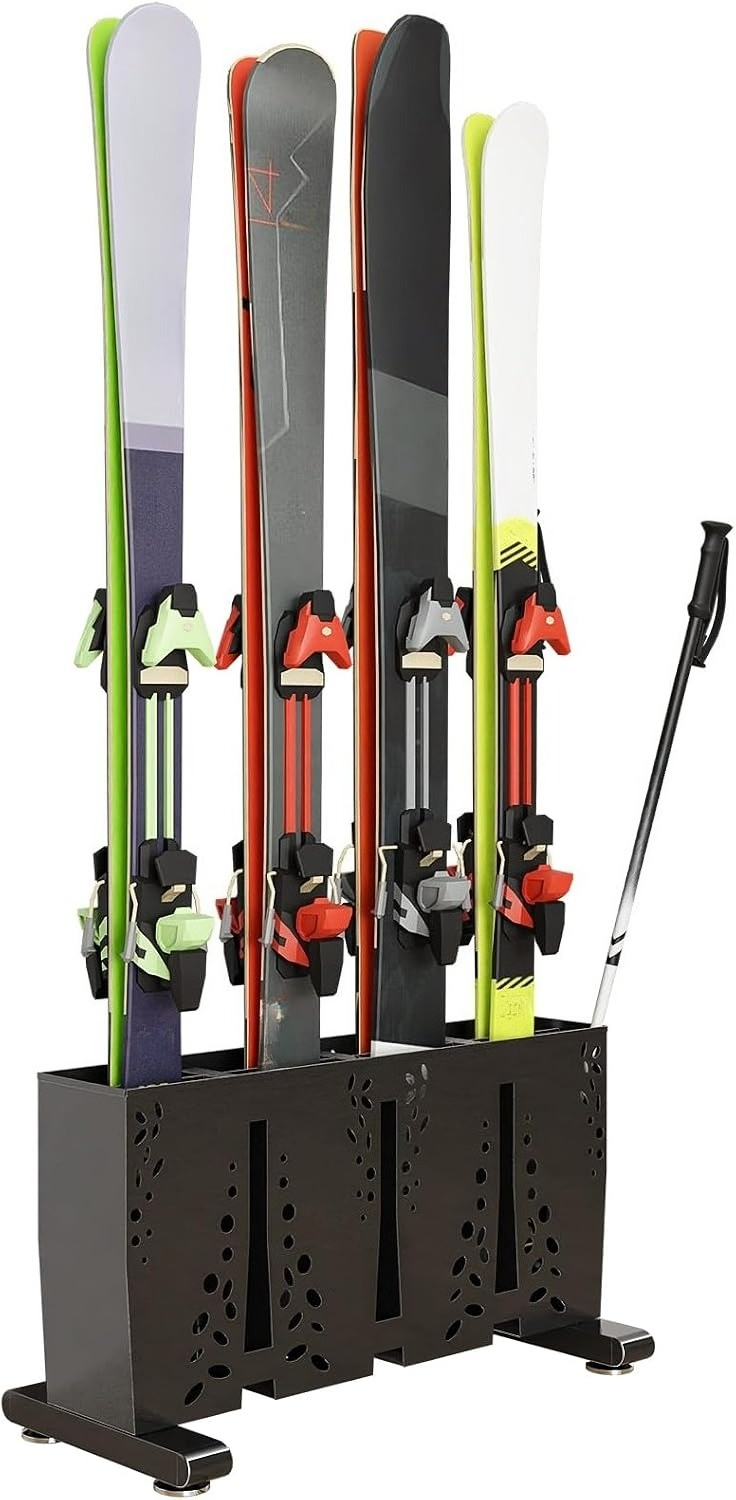 Sports Equipment Garage Organizer - ชั้นวางสกีโลหะสำหรับงานหนัก, ที่แขวนสโนว์บอร์ดแบบตั้งพื้น, ที่จัดเก็บอุปกรณ์ฤดูหนาวแบบตั้งพื้น, ชั้นวางอุปกรณ์กีฬาสำหรับโรงรถและบ้าน, โครงสร้างแข็งแรง ทันสมัย