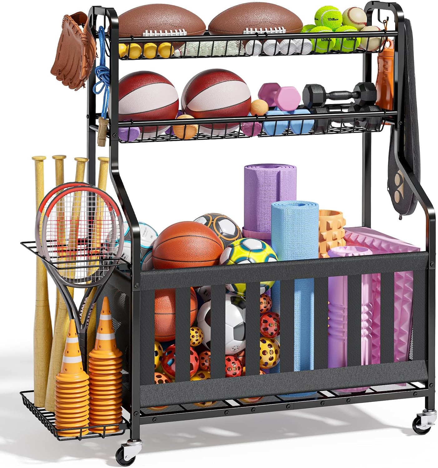 Sports Equipment Garage Organizer - ที่เก็บอุปกรณ์กีฬาแบบมีล้อเลื่อน, ชั้นวางลูกบาสเก็ตบอลและไม้เบสบอลสำหรับโรงรถ, ชั้นวางโลหะแข็งแรงทนทานพร้อมถาดและตะขอที่ถอดออกได้, เฟอร์นิเจอร์อเนกประสงค์ทันสมัย, สีดำ, 1